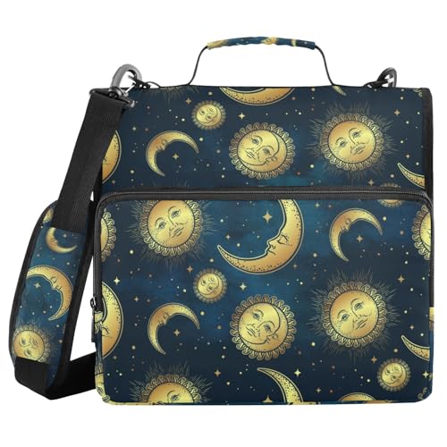Ringbuch mit 3 Ringen, Reißverschluss, goldfarben, himmlischer Mond, Sonne, Sterne, 3,8 cm Ringbuch-Organizer mit Schultergurt, passend für 33-Zoll-Laptops und 500 Blatt Ringbuch mit 3 Ringen, Reißverschluss, goldfarben, himmlischer Mond, Sonne, Sterne, 3,8 cm Ringbuch-Organizer mit Schultergurt, passend für 33-Zoll-Laptops und 500 Blatt von Mnsruu