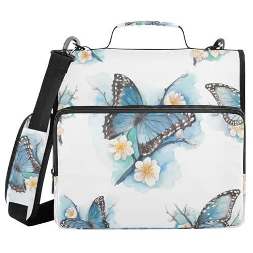 Ringbuch mit 3 Ringen, mit Reißverschluss, Blau, Schmetterlingsblüten, Pflaumenbaum, 3,8 cm Ringbuch-Organizer mit Schultergurt, passend für 33-Zoll-Laptops und 500 Blatt von Mnsruu