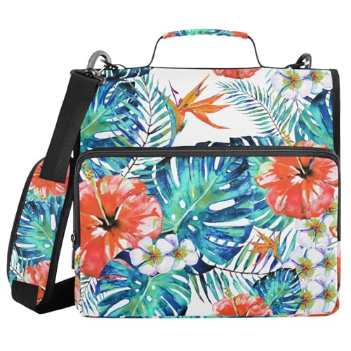 Ringbuch mit 3 Ringen, mit Reißverschluss, rote Blumen, Palmblätter, 3,8 cm (1,5 Zoll), Ringbuch-Organizer-Tasche mit Schultergurt, passend für 13-Zoll-Laptops und 500 Blatt von Mnsruu