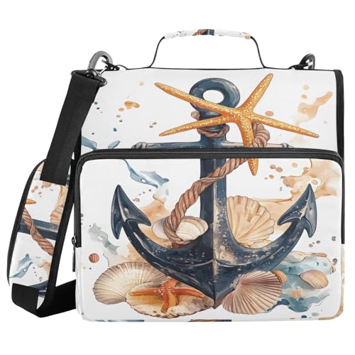 Ringbuch mit 3 Ringen und Reißverschluss, Aquarell-Ankermuschel, Seestern, 3,8 cm (1,5 Zoll) Ringbuch-Organizer-Tasche mit Schultergurt, passend für 33-Zoll-Laptops und 500 Blatt von Mnsruu