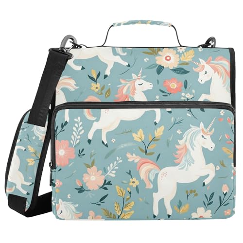 Ringbuch mit 3 Ringen und Reißverschluss, Blumen-Einhorn-Muster, 3,8 cm (1,5 Zoll) Ringbuch-Organizer-Tasche mit Schultergurt, passend für 13-Zoll-Laptops und 500 Blatt von Mnsruu