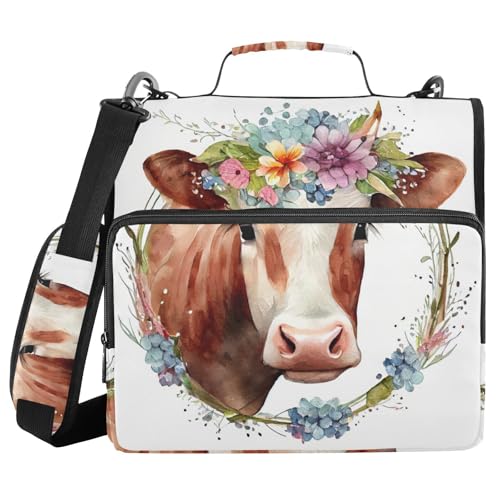 Ringbuch mit 3 Ringen und Reißverschluss, Kuh-Porträt, Blumenkranz, 3,8 cm Ringbuch-Organizer-Tasche mit Schultergurt, passend für 13-Zoll-Laptops und 500 Blatt Ringbuch mit 3 Ringen und Reißverschluss, Kuh-Porträt, Blumenkranz, 3,8 cm Ringbuch-Organizer-Tasche mit Schultergurt, passend für 13-Zoll-Laptops und 500 Blatt von Mnsruu