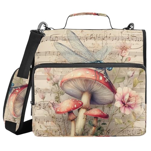 Ringbuch mit 3 Ringen und Reißverschluss, Libelle, Pilz, Musiknote, 3,8 cm Ringbuch-Organizer-Tasche mit Schultergurt, passend für 13-Zoll-Laptops und 500 Blatt von Mnsruu