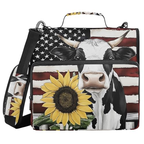 Ringbuch mit 3 Ringen und Reißverschluss, Motiv: Highland Cow, USA-Flagge, Sonnenblume, 3,8 cm Ringbuch-Organizer-Tasche mit Schultergurt, passend für 13-Zoll-Laptops und 500 Blatt Ringbuch mit 3 Ringen und Reißverschluss, Motiv: Highland Cow, USA-Flagge, Sonnenblume, 3,8 cm Ringbuch-Organizer-Tasche mit Schultergurt, passend für 13-Zoll-Laptops und 500 Blatt von Mnsruu