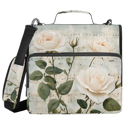 Ringbuch mit 3 Ringen und Reißverschluss, Musiknoten, weiße Rosen, 3,8 cm (1,5 Zoll) Ringbuch-Organizer-Tasche mit Schultergurt, passend für 13-Zoll-Laptops und 500 Blatt von Mnsruu
