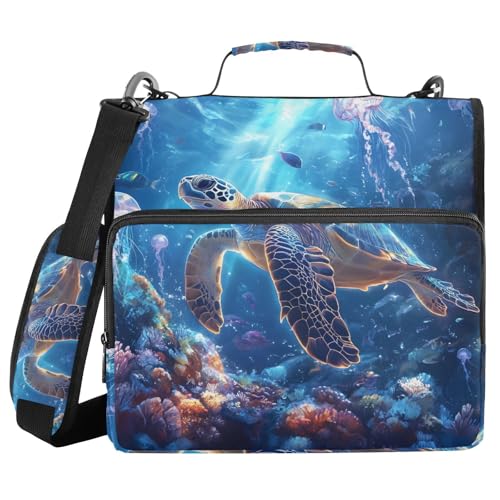 Ringbuch mit 3 Ringen und Reißverschluss, blaue Schildkröte, Quallen, Koralle, 3,8 cm Ringbuch-Organizer-Tasche mit Schultergurt, passend für 13-Zoll-Laptops und 500 Blatt von Mnsruu