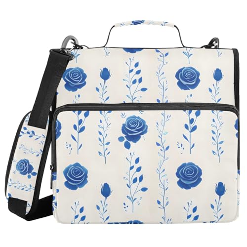 Ringbuch mit 3 Ringen und Reißverschluss, blaues Rosenmuster, 3,8 cm (1,5 Zoll) Ringbuch-Organizer-Tasche mit Schultergurt, passend für 13-Zoll-Laptops und 500 Blatt von Mnsruu