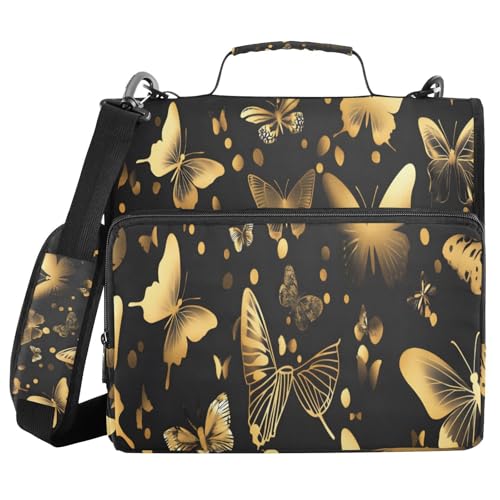 Ringbuch mit 3 Ringen und Reißverschluss, goldener Schmetterling, 3,8 cm (1,5 Zoll) Ringbuch-Organizer-Tasche mit Schultergurt, passend für 13-Zoll-Laptops und 500 Blatt von Mnsruu