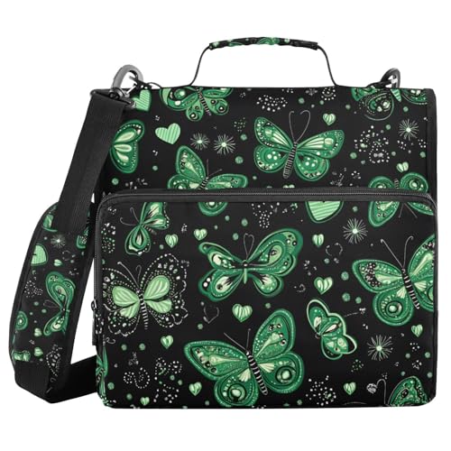 Ringbuch mit 3 Ringen und Reißverschluss, grünes Schmetterlings-Herz-Muster, 3,8 cm (1,5 Zoll) Ringbuch-Organizer-Tasche mit Schultergurt, passend für 13-Zoll-Laptops und 500 Blatt von Mnsruu