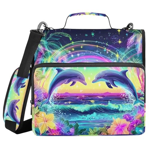 Ringbuch mit 3 Ringen und Reißverschluss, leuchtender Neon-Delfin, 3,8 cm (1,5 Zoll) Ringbuch-Organizer-Tasche mit Schultergurt, passend für 13-Zoll-Laptops und 500 Blatt von Mnsruu