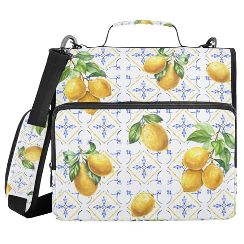 Ringbuch mit 3 Ringen und Reißverschluss, mediterrane Fliese, Zitrone, 3,8 cm (1,5 Zoll) Ringbuch-Organizer-Tasche mit Schultergurt, passend für 13-Zoll-Laptops und 500 Blatt von Mnsruu
