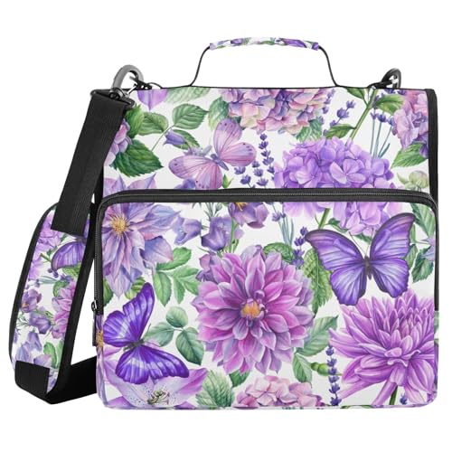 Ringbuch mit 3 Ringen und Reißverschluss, violette Blätter, Blumen, Schmetterling, 3,8 cm Ringbuch-Organizer mit Schultergurt, passend für 33-Zoll-Laptops und 500 Blatt Ringbuch mit 3 Ringen und Reißverschluss, violette Blätter, Blumen, Schmetterling, 3,8 cm Ringbuch-Organizer mit Schultergurt, passend für 33-Zoll-Laptops und 500 Blatt von Mnsruu