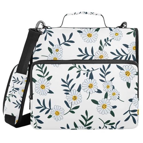 Ringbuch mit 3 Ringen und Reißverschluss, weißes Gänseblümchenmuster, 3,8 cm (1,5 Zoll) Ringbuch-Organizer-Tasche mit Schultergurt, passend für 13-Zoll-Laptops und 500 Blatt von Mnsruu