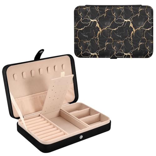 Schmuckschatulle aus Leder, Marmor-Druck, Schwarz/Gold, für Halsketten, Ringe, Ohrringe, Organizer für Damen, Reise-Schmuck-Organizer Schmuckschatulle aus Leder, Marmor-Druck, Schwarz/Gold, für Halsketten, Ringe, Ohrringe, Organizer für Damen, Reise-Schmuck-Organizer von Mnsruu