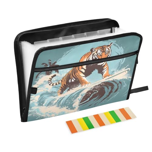 Tiger Surfing Fächermappe mit 13 Fächern, mit Etiketten, A4-Papier, Dokumente, Akkordeon, Ordner, Ordner, Reißverschluss von Mnsruu