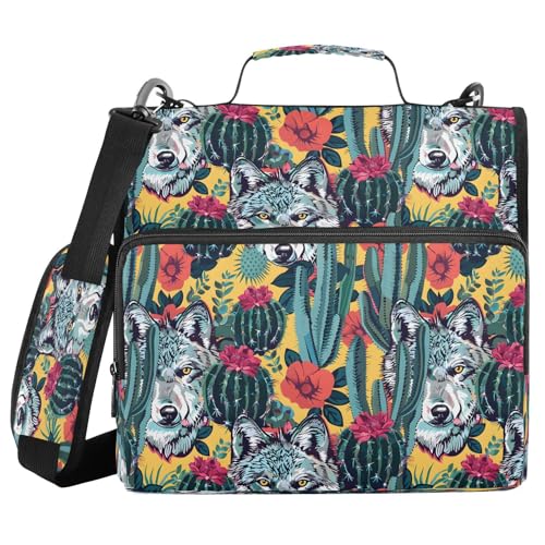 Wolfsgesichts-Kakteen helle Farben, Reißverschluss-Bindertasche mit Griff, Schultergurt, 3-Ringbuch, Organizer für Schule, Arbeit, Büro von Mnsruu