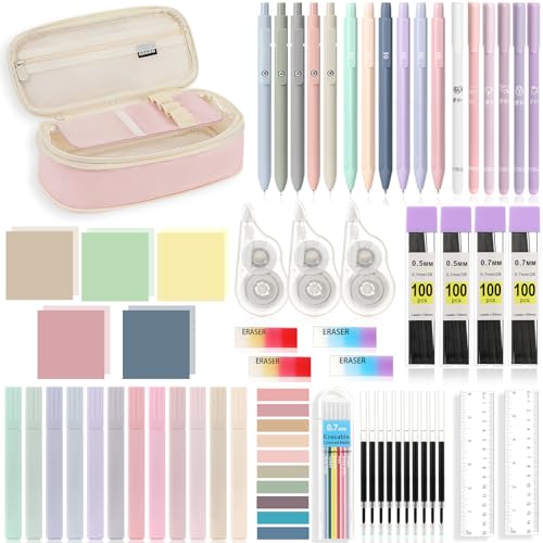 MoKo 60 Stück Schulsachen, Rosa Federmäppchen, 5 Gelstifte, 6 Druckbleistift mit Nachfüllungen, 12 Pastell Textmarker, Radiergummis, Transparente Haftnotizen Tabs, Schreibwaren Set für Studenten MoKo 60 Stück Schulsachen, Rosa Federmäppchen, 5 Gelstifte, 6 Druckbleistift mit Nachfüllungen, 12 Pastell Textmarker, Radiergummis, Transparente Haftnotizen Tabs, Schreibwaren Set für Studenten von MoKo
