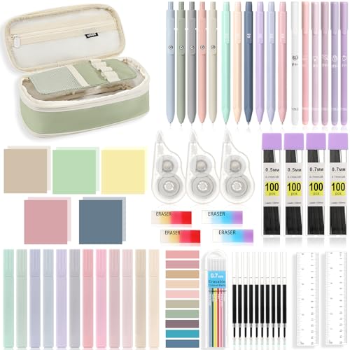 MoKo 60Pcs Schule liefert, Grünes Federtasche, 5Tinte Gel Stifte 6mechanische Bleistifte mit Nachfüllungen Radiergummis 12Pastell Highlighter Transparente Haftnotizen Tabs, Schreibwaren für Studenten von MoKo