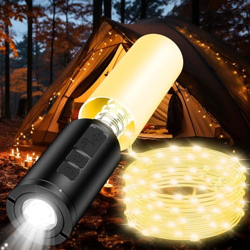 MoKo Camping Lichterkette, 8 Beleuchtungsmodi 9 m Wiederaufladbar LED Lichterkette Campinglampe Taschenlampe mit 8000 mAh-Akku, wasserdichte tragbare Zeltleuchte für den Notfall Garten Außen Innen von MoKo