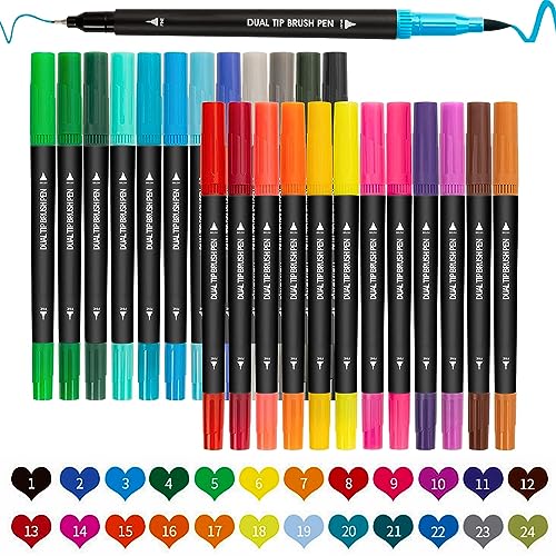 Mobxpar Pinselstifte Marker Dual Brush Pen Set, 24 Farben Aquarell Stifte mit zwei Spitzen auf Wasserbasis, Filzstifte für Kinder Erwachsene, Handlettering, Malbücher, Kalligraphie, Manga von Mobxpar