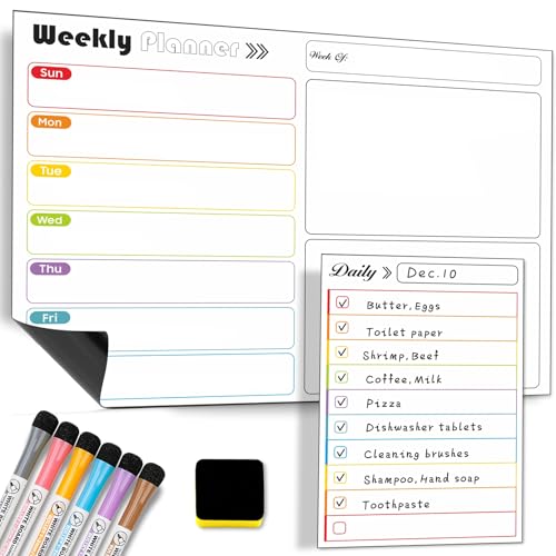 Magnetischer, trocken abwischbarer Kalender, Whiteboard für Kühlschrank, A3, Monats-, Wochen- und A5-Tagesplaner, trocken abwischbar, wiederverwendbar, Kühlschrankplaner mit 6 Markern und Radiergummi Magnetischer, trocken abwischbarer Kalender, Whiteboard für Kühlschrank, A3, Monats-, Wochen- und A5-Tagesplaner, trocken abwischbar, wiederverwendbar, Kühlschrankplaner mit 6 Markern und Radiergummi von Moco Moment