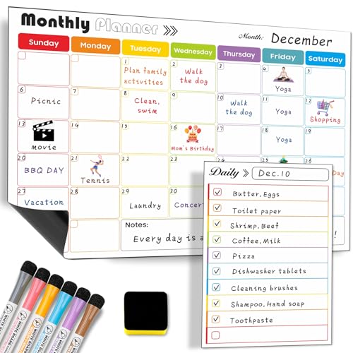 Magnetischer, trocken abwischbarer Kalender, Whiteboard für Kühlschrank, A3, Monats-, Wochen- und A5-Tagesplaner, trocken abwischbar, wiederverwendbar, Kühlschrankplaner mit 6 Markern und Radiergummi Magnetischer, trocken abwischbarer Kalender, Whiteboard für Kühlschrank, A3, Monats-, Wochen- und A5-Tagesplaner, trocken abwischbar, wiederverwendbar, Kühlschrankplaner mit 6 Markern und Radiergummi von Moco Moment
