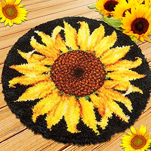 Mocoli Knüpfteppich zum Selber Knüpfen, DIY Knüpfsets Kreuzstich Teppich Set mit Werkzeug Latch Hook Kit (Sonnenblume, Durchmesser 50cm) von Mocoli