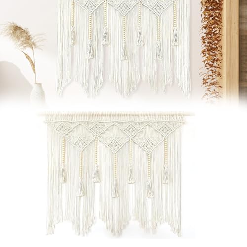 Makramee Vorhang, 100x80cm Boho Gewebter Wandteppich Makramee Wandbehang mit Holzperlen Handgemachte Wandbehang Türvorhang für Hochzeit Hintergrund Hausdekoration (Keine Sticks Enthalten) von Mocoli