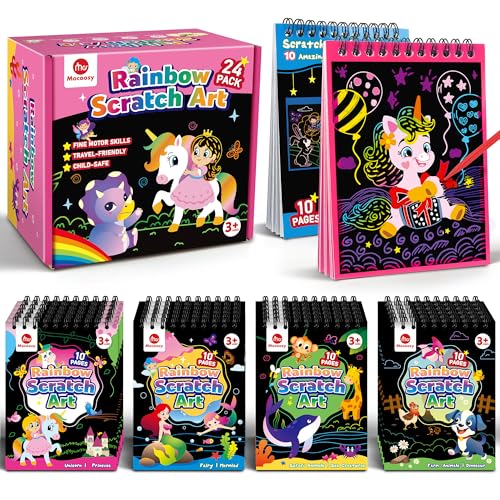 Mocoosy 24 Kratzbuch Partymitgebsel für Kinder, Kratzbilder Scratch Paper mit 8 Themen,Partyfüller Mitgebsel für Kindergeburtstag,Partybeutel Inhalt, Schultüten spielzeug Geschenk für Kinder 3-8 Jahre von Mocoosy