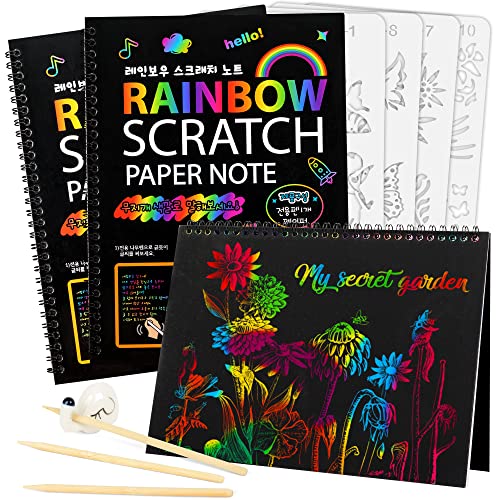 Mocoosy 3er Pack Rainbow Scratch Art Notizbücher für Kinder-Magic Scratch off Paper Notebook Schwarze Skizze Doodle Pads mit Malschablonen Bücher Kunsthandwerk Kits für Partyspiele Geburtstagsgeschenk von Mocoosy