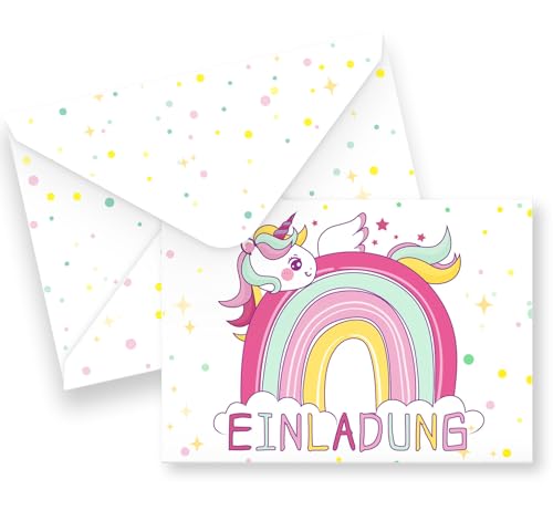 Mocraft 12 Einladungskarten Kindergeburtstag Mädchen Regenbogen Geburtstagseinladung Einhorn Karten mit Briefumschläge für Partyeinladungen Kinderparty von Mocraft