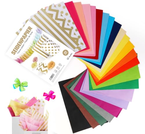 Mocraft Transparentpapier Bunt – 500 Blatt A4 Seidenpapier, 22 Farben + 3 Druckmuster (Wellen, Punkte & Streifen), 14 g/qm Bastelpapier für Blumen, Geschenkverpackung & DIY-Projekte von Mocraft