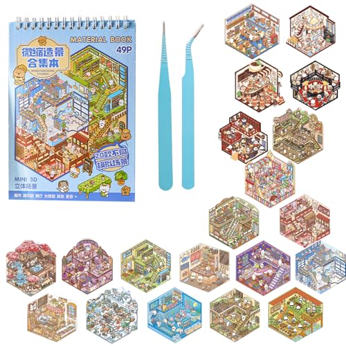 Mocrop 20 Sätze 3D Sticker Scene Book, DIY House Sticker Set, Aquarien, Supermärkte, Vergnügungsparks, Bäckereien, Teehäuser und Andere Szenen, Mit 2 Pinzetten, Geschenke Für Kinder von Mocrop