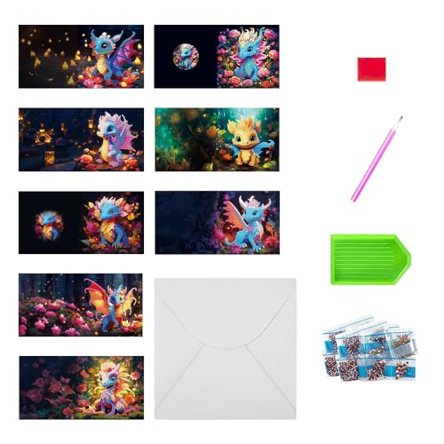 Mocrop 8 Stück 5D DIY Diamond Painting Karten Anzug Dinosaurier Diamond Painting Geburtstag Karten Handwerk Grußkarte mit Umschlag Diamant Malerei Grußkarte für Kinderferien, Weihnachten von Mocrop