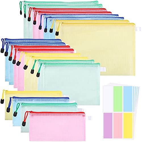 Mocturnity 20 Stück Kunststoff Dokumententasche A4 + A5 + A6 Kunststoffbeutel mit Reißverschluss Netztasche mit Reißverschluss (4 Farben) von Mocturnity