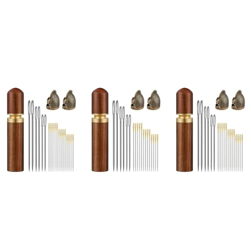Mocturnity 3 x Nadeletui aus Holz zur Aufbewahrung von Nähnadeln und Sticknadeln, Nadelset mit Fingerschutz für Näharbeiten von Mocturnity