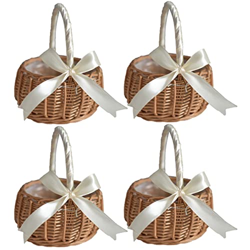 Mocturnity 4 x geflochtener Blumenkorb aus Rattan, Korb für Blumenmädchen, Korb mit Schleife, S von Mocturnity