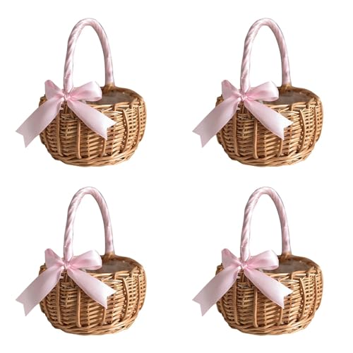 Mocturnity 4 x geflochtener Weidenkorb für Blumen, mit Griff und rosafarbenem Band, Blumenkörbe für Hochzeiten, zur Dekoration des Hausgartens (S) von Mocturnity