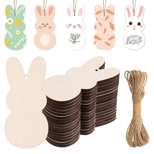 Mocturnity 60 Stück unvollendete Osterhasen-Ornamente aus Holz Peep Bunny Holzschnitte zum Bemalen von Holz in Kaninchenscheiben von Mocturnity