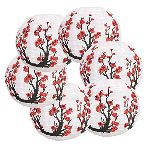 Mocturnity Packung mit 6 Papierlaternen mit roten Blumen, 30,5 cm (12 Zoll), runde Papierlaterne aus japanischem chinesischem Papier für die Dekoration von Hochzeitsfeiern zu Hause von Mocturnity