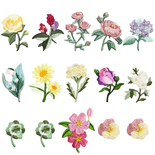 Modixun 15 x Mini-Blumen-Aufnäher, 13 Muster, dekorative bestickte Aufnäher, zum Aufnähen/Aufbügeln für Jeans, Kleidung, Hut, Jacke, Mini-Blumen, Weißen von Modixun
