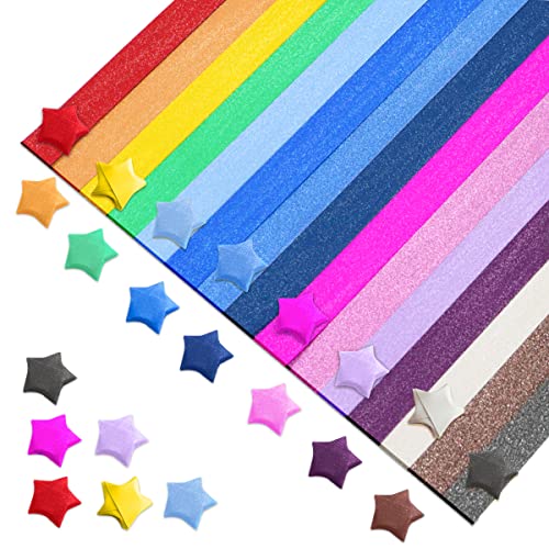 Modixun 525 Blatt Glitzer Origami Stern Papierstreifen, glänzendes Origami Sterne Papier, buntes Glücksstern Faltpapier für DIY Kunst Bastelbedarf, 15 Glitzerfarben von Modixun