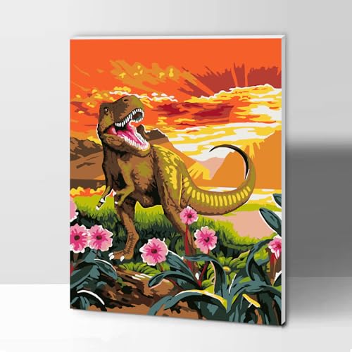 Modojuny Malen nach Zahlen für Erwachsene und Kinder, DIY Geschenk Leinwand Malerei Kit mit Acrylpigment und Pinseln, 30 x 40 cm Bunte Dinosaurier (mit Holzrahmen) – ab 9 Jahren von Modojuny