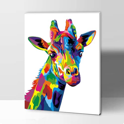 Modojuny Malen nach Zahlen für Erwachsene und Kinder, DIY Geschenk Leinwand Malerei Kit mit Acrylpigment und Pinseln, 30 x 40 cm Bunte Giraffe (mit Holzrahmen) – ab 9 Jahren von Modojuny