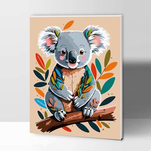 Modojuny Malen nach Zahlen für Erwachsene und Kinder, DIY Geschenk Leinwand Malerei Kit mit Acrylpigment und Pinseln, 30 x 40 cm Bunter Koala (mit Holzrahmen) – ab 9 Jahren von Modojuny