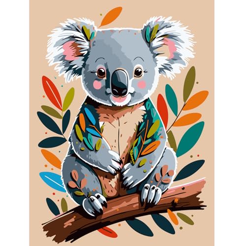 Modojuny Malen nach Zahlen für Erwachsene und Kinder, DIY Geschenk Leinwand Malerei Kit mit Acrylpigment und Pinseln, 30 x 40 cm Bunter Koala (ohne Rahmen) – ab 9 Jahren von Modojuny