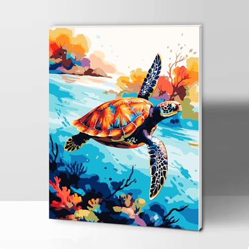 Modojuny Malen nach Zahlen für Erwachsene und Kinder, DIY Geschenk Leinwand Malerei Kit mit Acrylpigment und Pinseln, 30 x 40 cm Meeresschildkröten (mit Holzrahmen) – ab 9 Jahren von Modojuny
