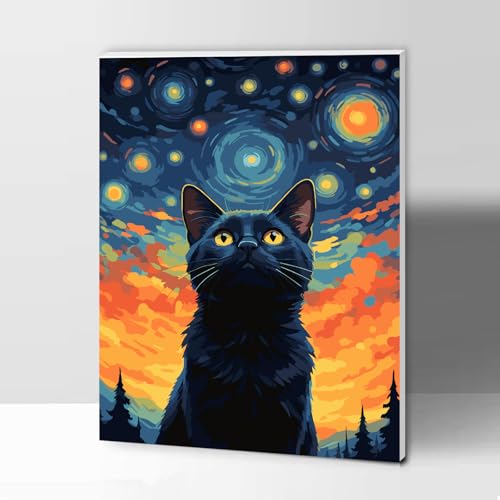 Modojuny Malen nach Zahlen für Erwachsene und Kinder, DIY Geschenk Leinwand Malerei Kit mit Acrylpigment und Pinseln, 30 x 40 cm Schwarze Katze (mit Holzrahmen) – ab 9 Jahren von Modojuny
