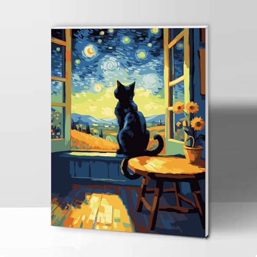 Modojuny Malen nach Zahlen für Erwachsene und Kinder, DIY Geschenk Leinwand Malerei Kit mit Acrylpigment und Pinseln, 30 x 40 cm Schwarze Katze (mit Holzrahmen) – ab 9 Jahren von Modojuny