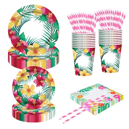 Moerstar 102-teiliges Geschirr-Set für Hawaii-Party, mit Papptellern, Flamingos, Hawaii, Pappbecher, Servietten, Tischdecken, Dekoration für Hawaii-Party (Stil 2) von Moerstar